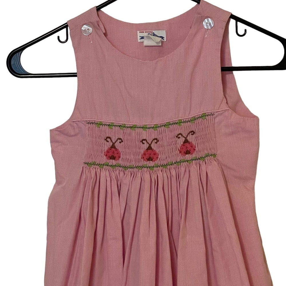 Silly Goose Pink Mini Check Hand Smocked Sleeveless Dress Sz 5 Lady Bug - Picture 4 of 9